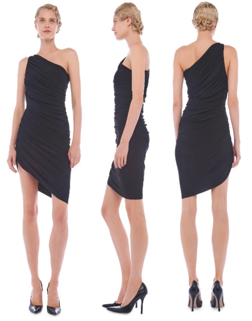 NWT Normali Kamali Diana One Shoulder Asymmetrical Hem Mini Dress Black Women XS
